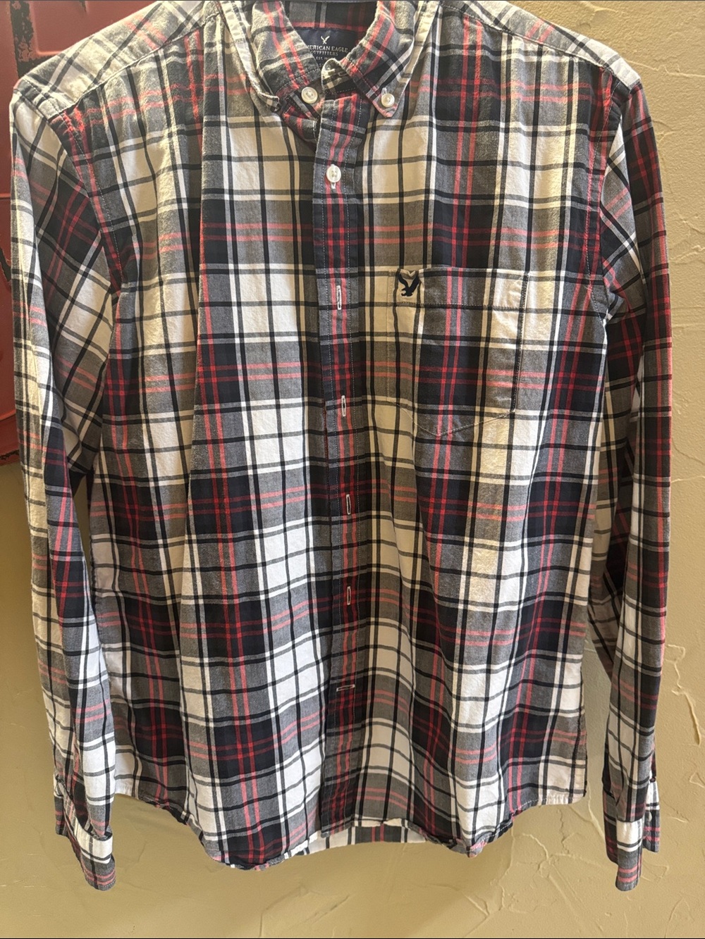 American Eagle Outfitters Black, White & Red Plaid Button-Down Shirt